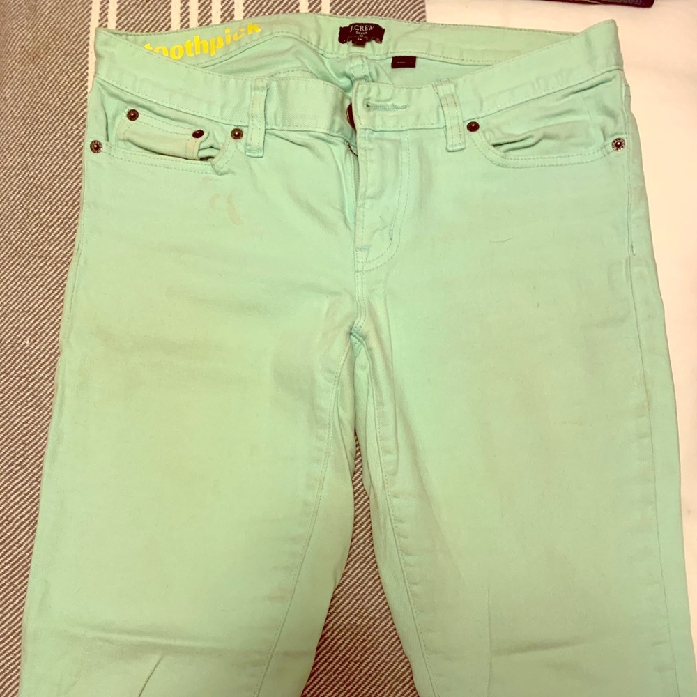Mint blue toothpick J Crew jeans